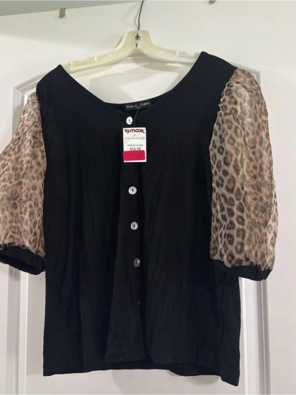 Kim & Cami Black Button-Front Top with Leopard Print Puff Sleeves